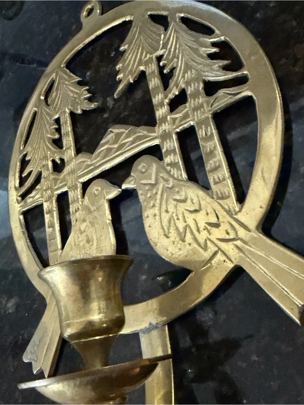 Vintage Solid Brass Birds & Pines Wall Candle Sconce – Made in India